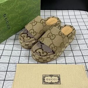 Gucci Tan Monogram Platform Sandals